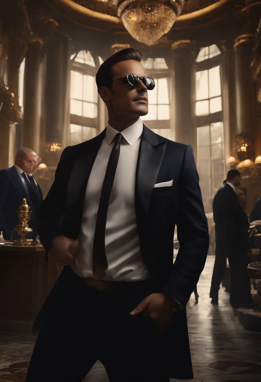 masterpiece, official art, 8k, best quality, highly detailed, mysterious, dark, sophisticated, upscale, auction house:1.2, men, suits, sunglasses, earpieces, security personnel, high-tech equipment, advanced surveillance technology, valuable items on display, the man in the foreground, confidently observing the scene with a sly smile.