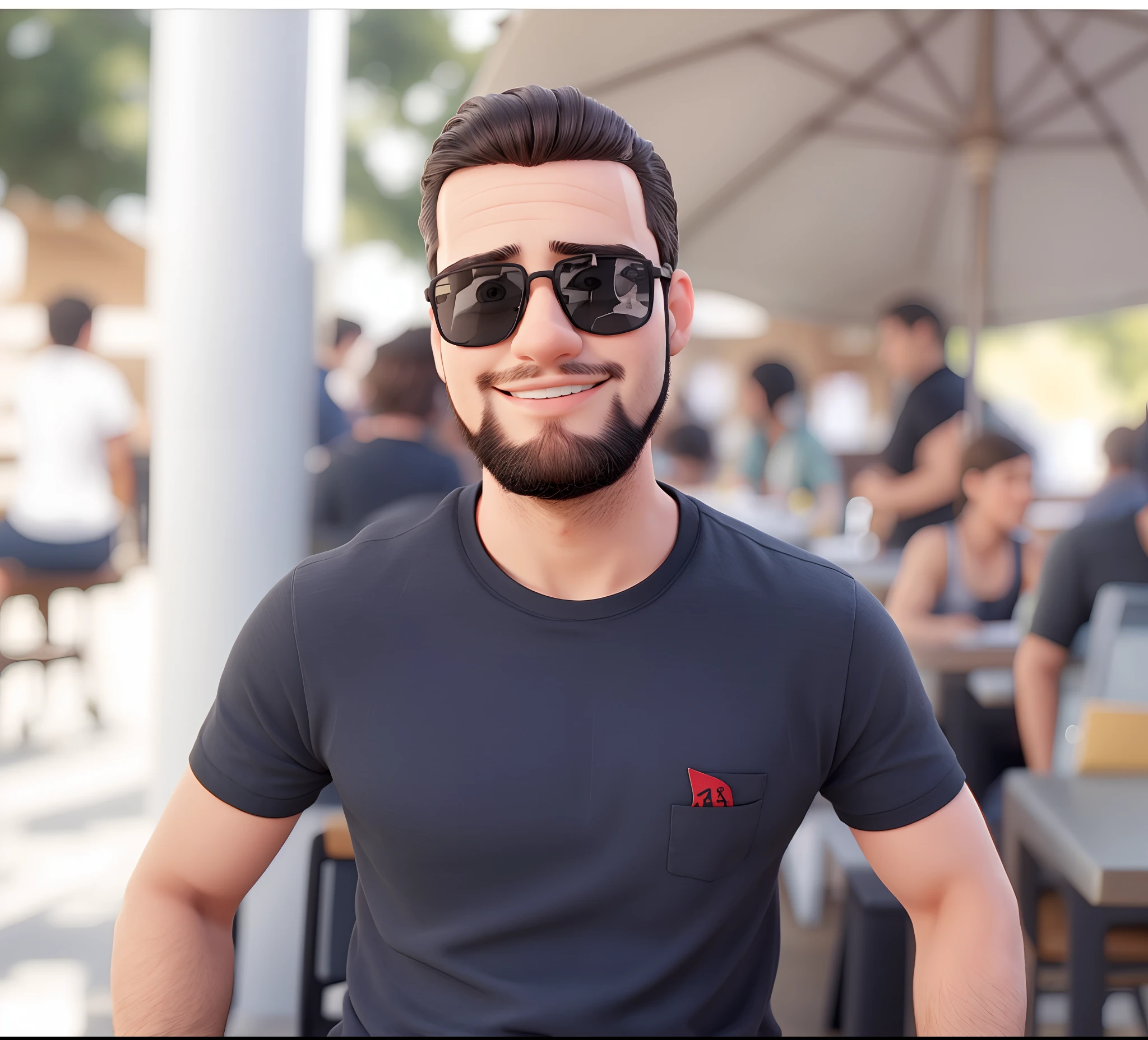 There is a young 25 year old man with sunglasses, hair and black beard sitting at table, magro com roupa casual