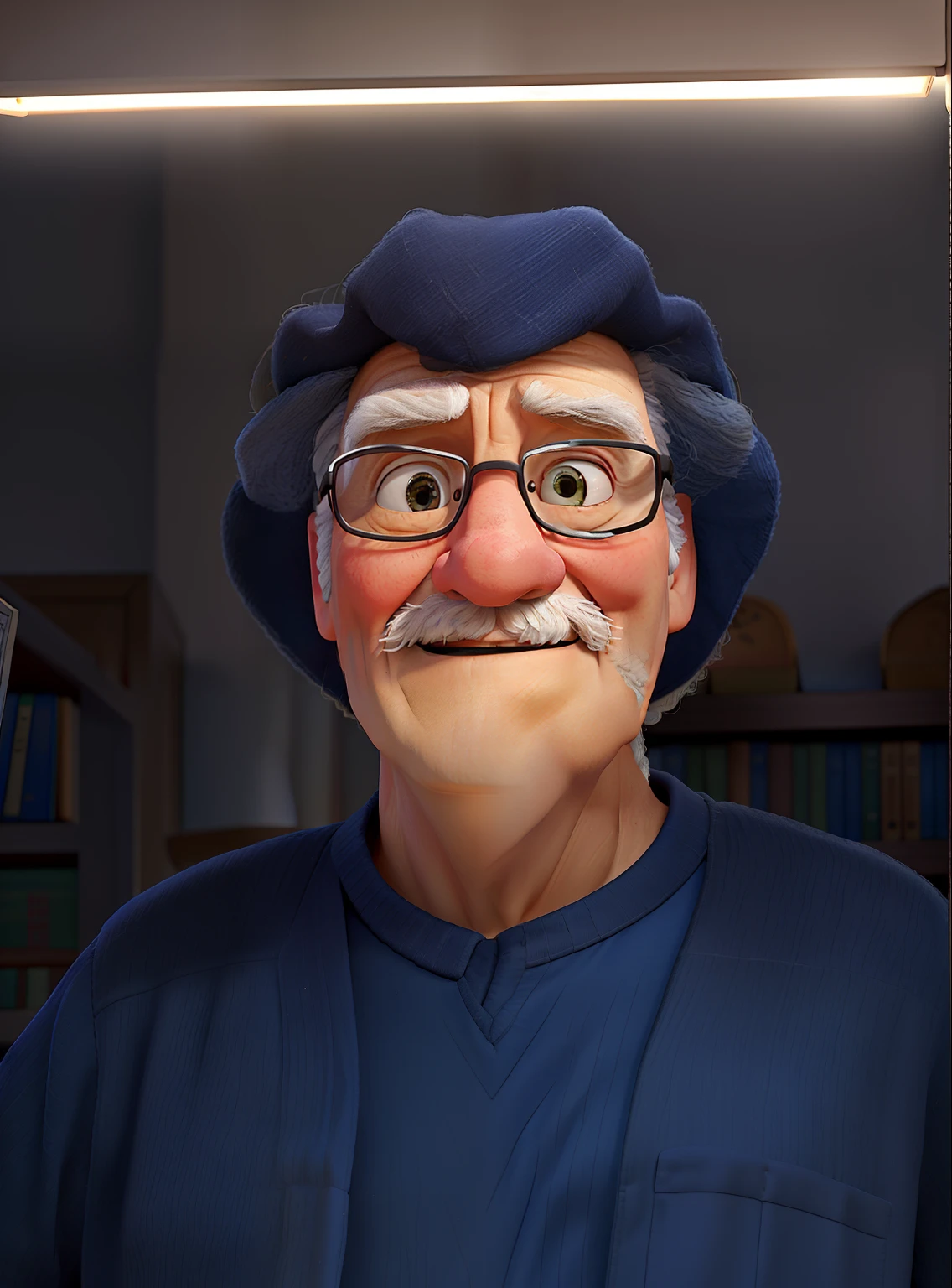 A wise old man standing in front, illuminated by the light of a lamp, against the backdrop of a library