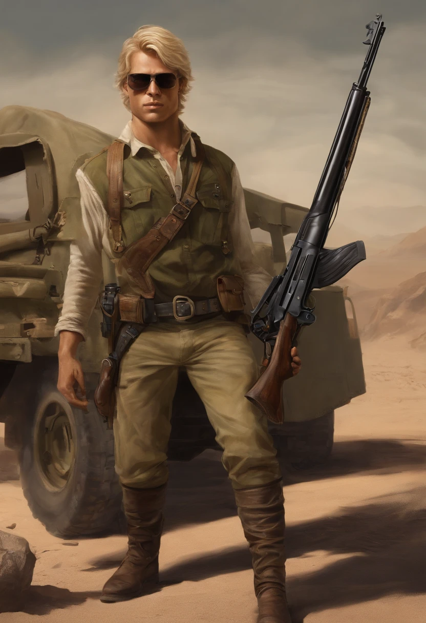 Very detailed illustration of a blond man, olhos verdes, 1,75 cm de altura, rosto sisudo, usando camiseta preta, battered jeans, leather holster attached to the waist and on the right thigh over the pants, sobretudo marrom, botas militares pretas, holding a shotgun in his hand with the barrel resting on his shoulder