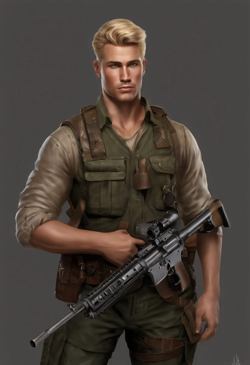 Very detailed illustration of a blond man, olhos verdes, 1,75 cm de altura, rosto sisudo, usando camiseta preta, battered jeans, leather holster attached to the waist and on the right thigh over the pants, sobretudo marrom, botas militares pretas, holding a shotgun in his hand with the barrel resting on his shoulder