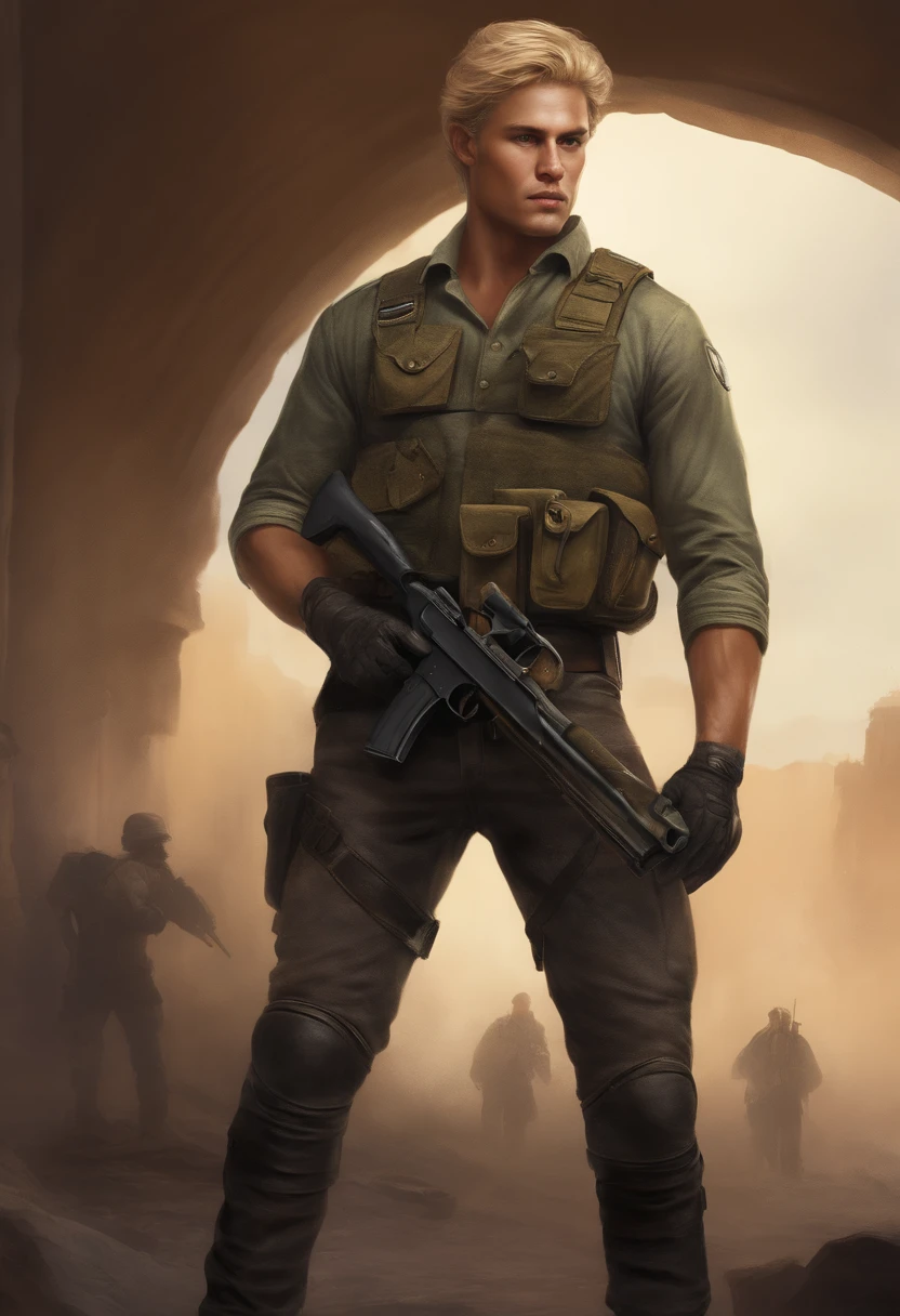 Very detailed illustration of a blond man, olhos verdes, 1,75 cm de altura, rosto sisudo, usando camiseta preta, battered jeans, leather holster attached to the waist and on the right thigh over the pants, sobretudo marrom, botas militares pretas, holding a shotgun in his hand with the barrel resting on his shoulder
