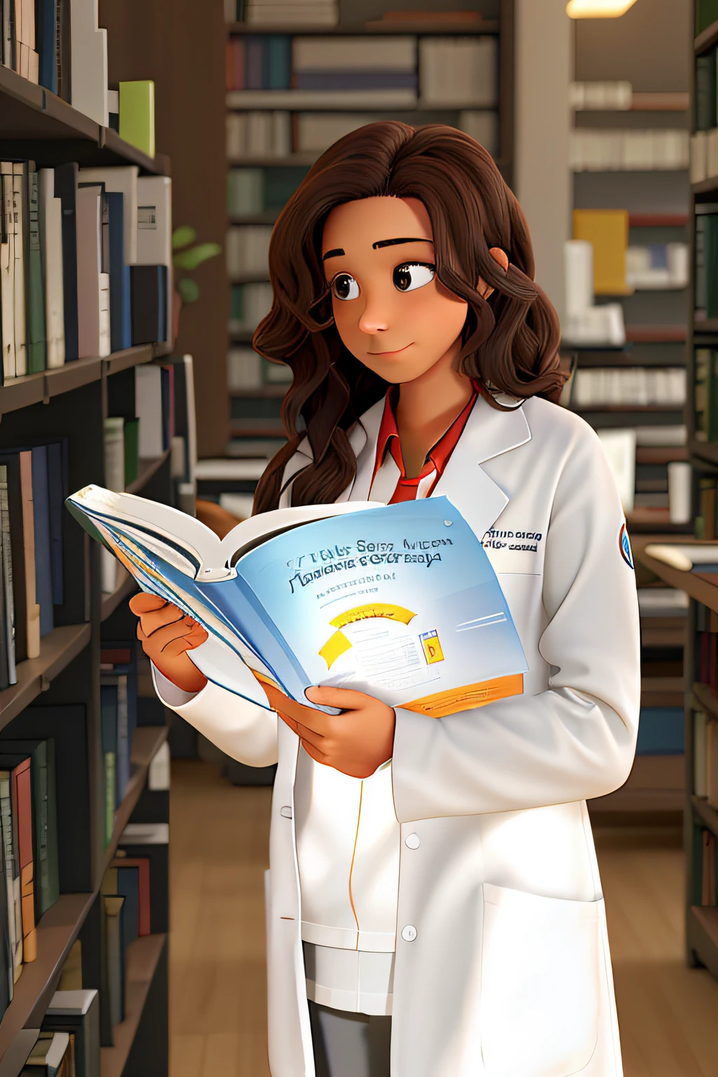 a person in a lab coat reading a sports nutrition book, against a library background