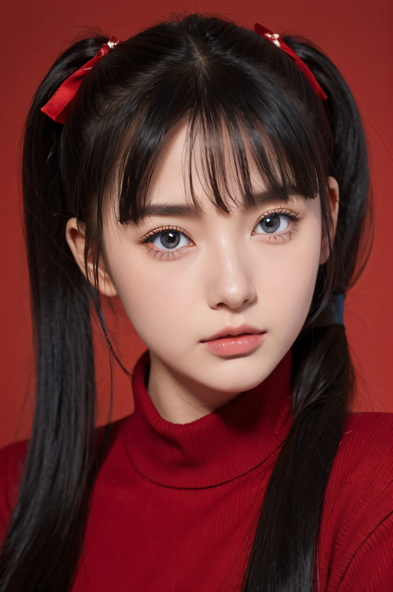 1girl, tohsaka rin, solo, long hair, sweater, red sweater, looking at viewer, blue background, black hair, simple background, two side up, turtleneck, blue eyes, lips, closed mouth, ribbon, hair ribbon, bangs, turtleneck sweater, upper body, parted bangs, black ribbon, ribbed sweater, twintails, nose,