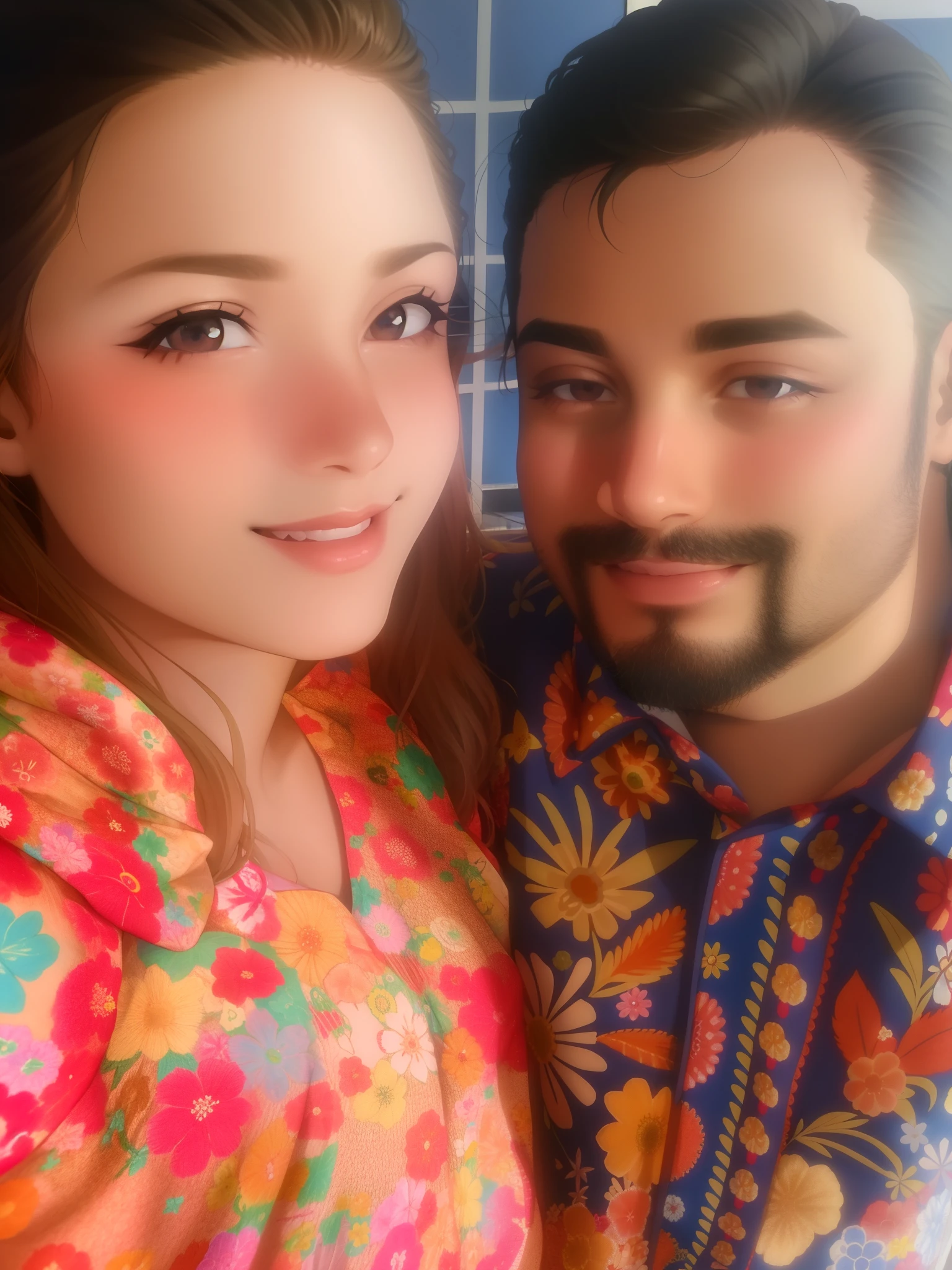there is a man and a woman that are posing for a picture, Directed by: Nandor Soldier, com camisa havaiana, imagem de perfil, Waring uma camisa havaiana, by Gina Pellón, by Amelia Peláez, Directed by: Luis Miranda, vestindo um terno masculino colorido, Directed by: Olivia Peguero, usando um vestido havaiano, inspirado em Francis Souza