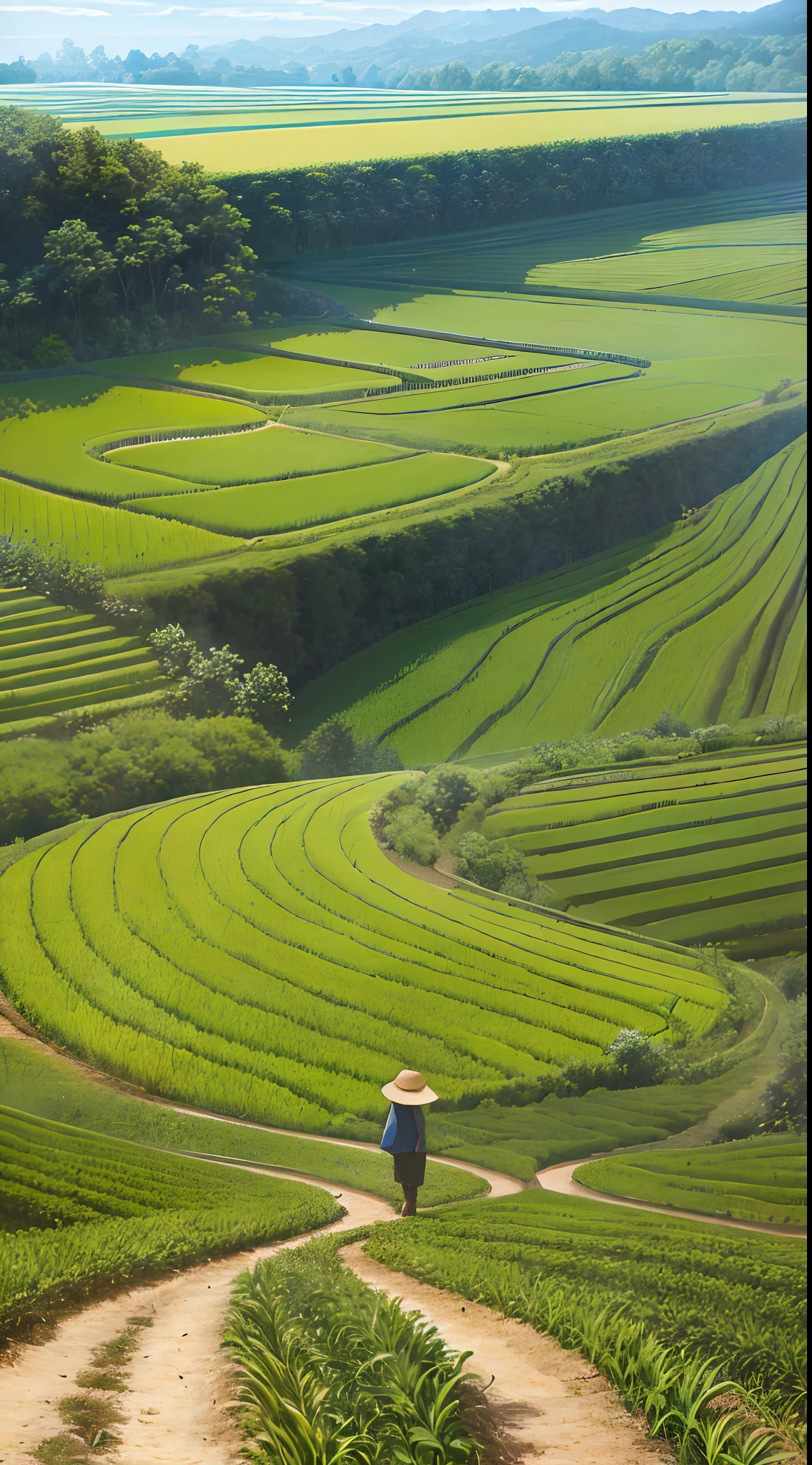 An old farmer carrying a flat burden, walking on the winding path of the countryside, big clouds, blue sky, rice fields, neat rice seedlings in the field, forest, hillside, secluded, countryside, HD detail, hyper-detail, cinematic, surrealism, soft light, deep field focus bokeh, ray tracing and surrealism. --v6