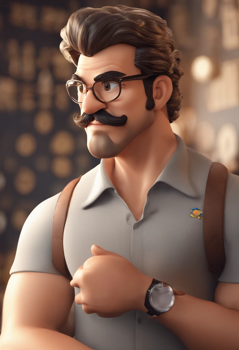 ((best quality)), ((master part)), ((desenhos animados realistas)), ((Personagem perfeito)) - Um retrato frontal meticulosamente detalhado e realista de um homem com cabelo raspado, glasses and a shirt with beautiful textures. O homem olha diretamente para o espectador, Establish a strong and confident presence. The image captures their distinctive facial features, accurately showing the brightness of your eyes and the design of your glasses. The black shirt is rendered with fine details, aumentando o profissionalismo do retrato. Enviado para documentos oficiais, this portrait is presented in impressive 8K UHD resolution, Ensure clarity and unique protection.