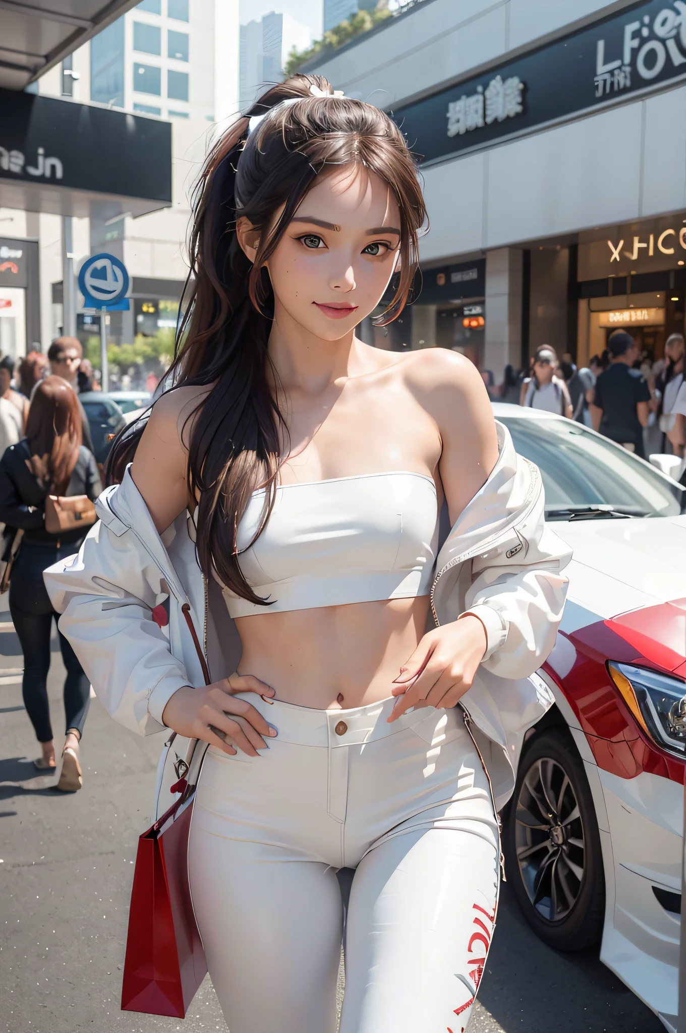 8k, best quality, (masterpiece:1.2), (realistic, photo-realistic:1.37), ultra-detailed, ((1girl)), waist length long dark hair tied in a ponytail, beautiful eyes, delicate face, smiling, wearing a white tube top with a red crop jacket, (tight white long leather pants), a small handbag slung over one shoulder, (walking in a shopping mall)
