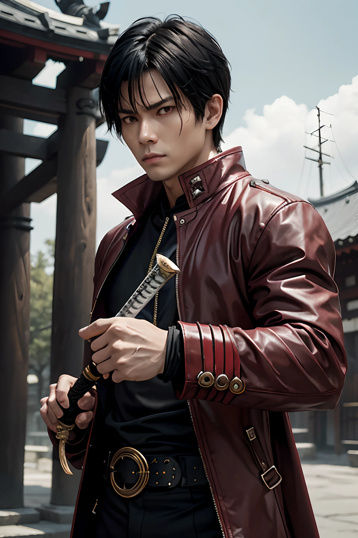 zipper, weapon, male_focus, straight-on, spiked_hair, looking_at_viewer, blurry, holding_sheath, bangs, black_hair, holding, japanese_clothes, holding_sword, holding_weapon, solo, short_hair, closed_mouth, coat, sanpaku, outdoors, brown_eyes, blurry_background, bandaid, sword, fighting_stance, long_sleeves, sheath, upper_body, depth_of_field, jacket, red_eyes, unsheathing, katana, black_jacket, scabbard, bandaid_on_face, 1boy, serious