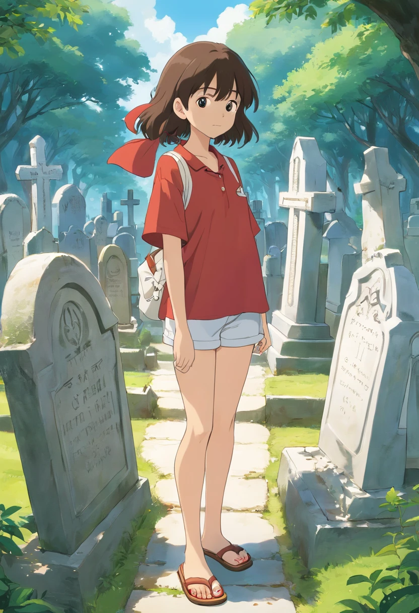 Um garoto de cabelos pretos com as pontas laranjas vestindo uma camisa branca uma capa vermelha, Bermuda shorts and flip-flops in front of a grave