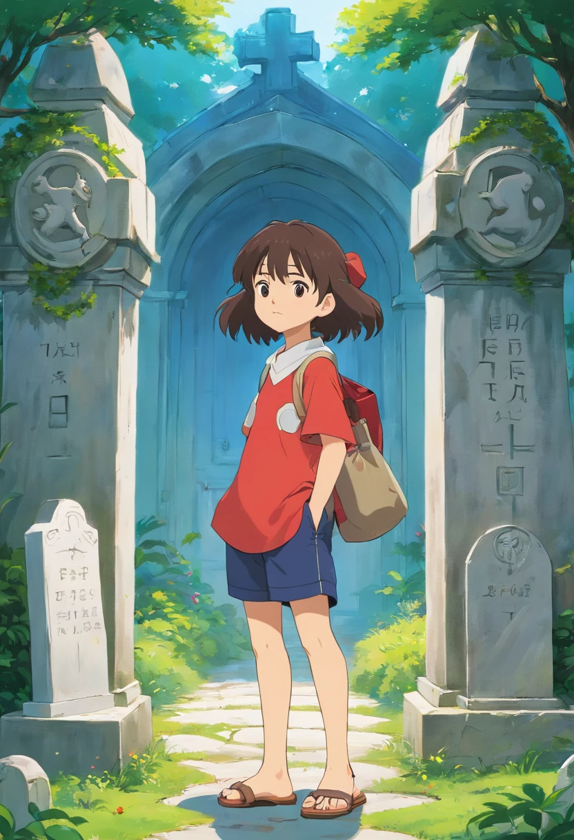 Um garoto de cabelos pretos com as pontas laranjas vestindo uma camisa branca uma capa vermelha, Bermuda shorts and flip-flops in front of a grave