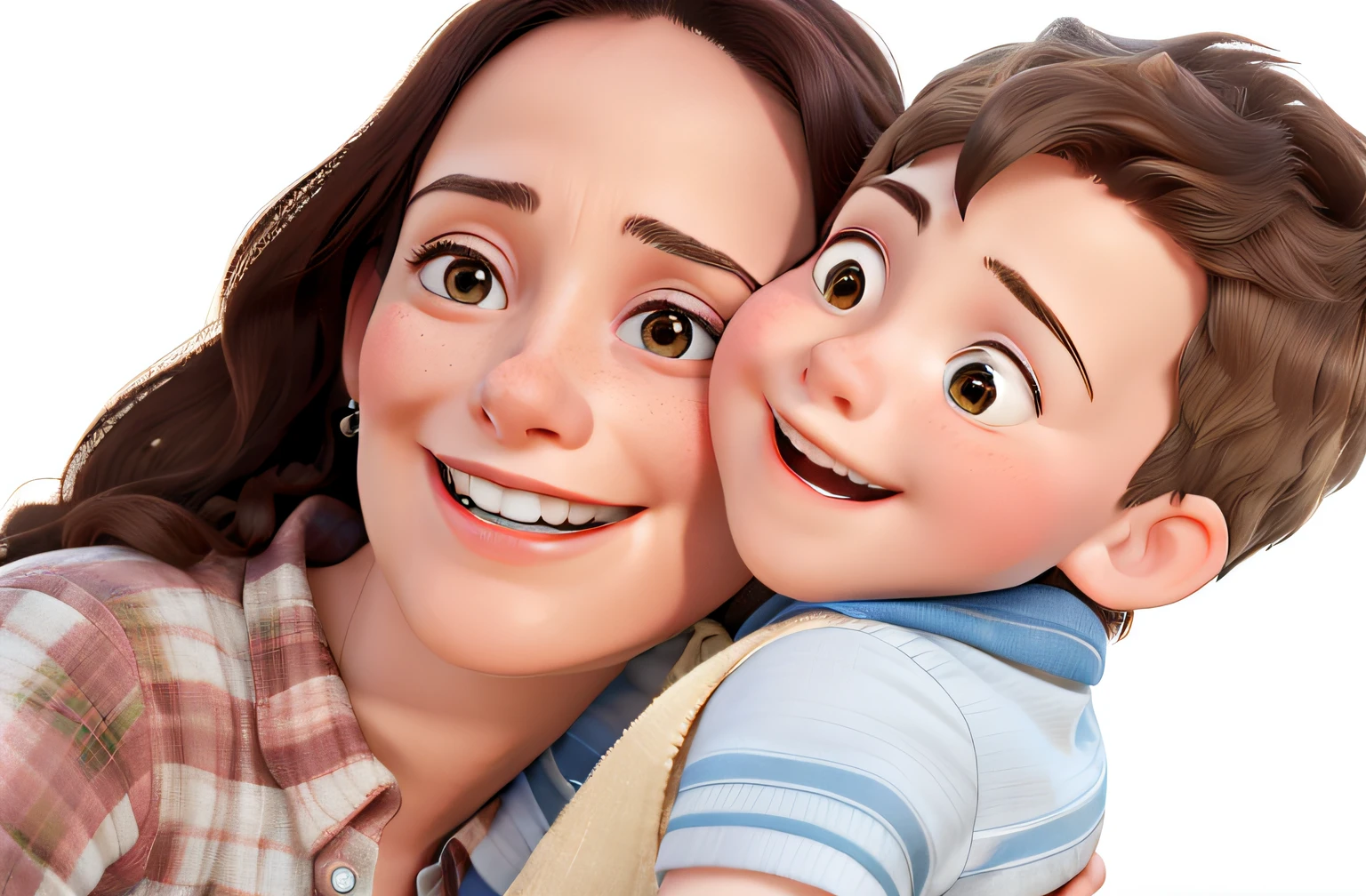 Realistic photos of a mother and son smiling, as maximum quality, representando os detalhes dos rostos em realismo.