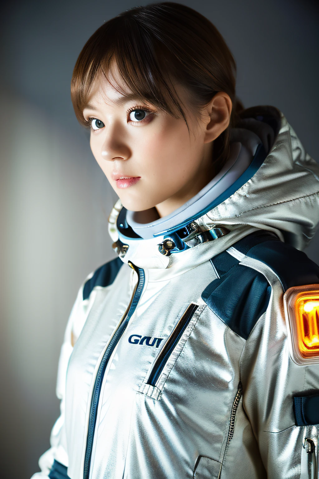 Beautiful astronaut 25 years old female 1970 , Beautiful eyes, Metallic white orange detail clothing, Cinematic, photo shot,  Backlight, Dramatic Lighting , Incandescent, Soft lighting, insanely detailed and intricat, Hyper maximalist,  Elegant Pose, Dynamic, Photography,  ultra-detailliert, intricate detailes, An ultra-detailed masterpiece by Gwise, futuristic environment,fullbody image,SF,fullbody image,Rin々Dress neatly,Beautiful face,