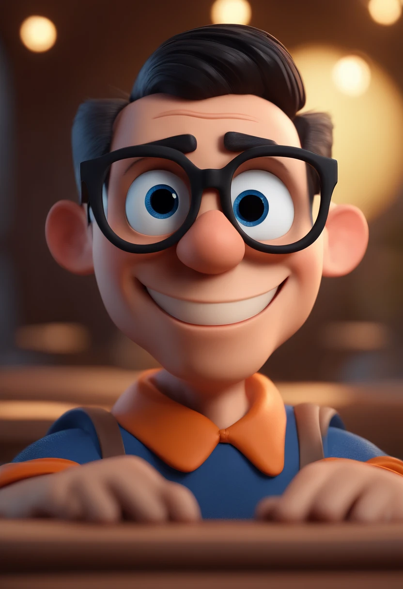 Cartoon character of a man with black glasses and a blue shirt, animation character, Caractere estilizado, animation style rendering, 3D estilizado, Arnold Maya render, 3 d render stylized, toon render keyshot, Personagem 3D, Personagem 3D, 3d rendering stylized, 3 d character render, personagem de desenho animado, Personagem de close up, Pose de personagem,  (Estilo Pixar) (master part:1.2) (Bokeh) (best quality) (pele detalhada) (textura detalhada) (8k) (argila) (Cinematic lighting) (foco nítido