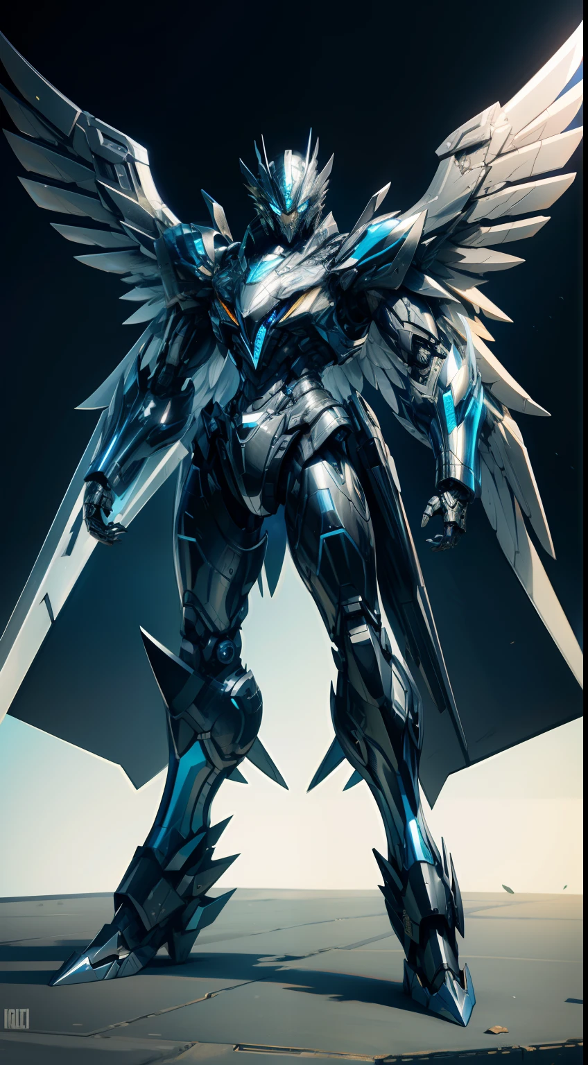 Robotic suit, Eagle shaped blue shiny eyes,suit fully made of metal, metallic eagle shaped wings, black colour suit, cyborg, Sharp metallic teeth mouth, standing, front facing,