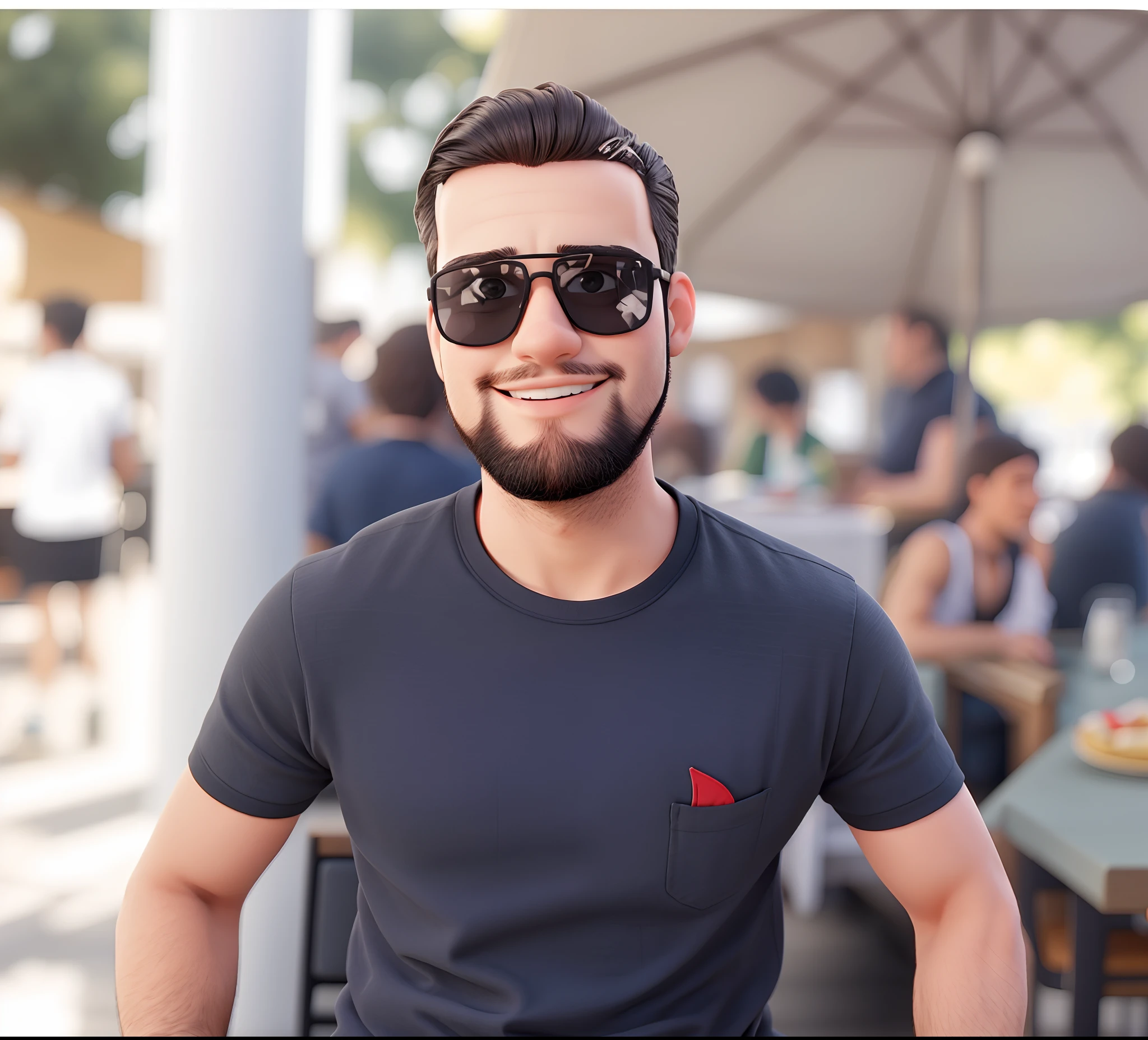 There is a young 25 year old man with sunglasses, hair and black beard sitting at table, magro com roupa casual