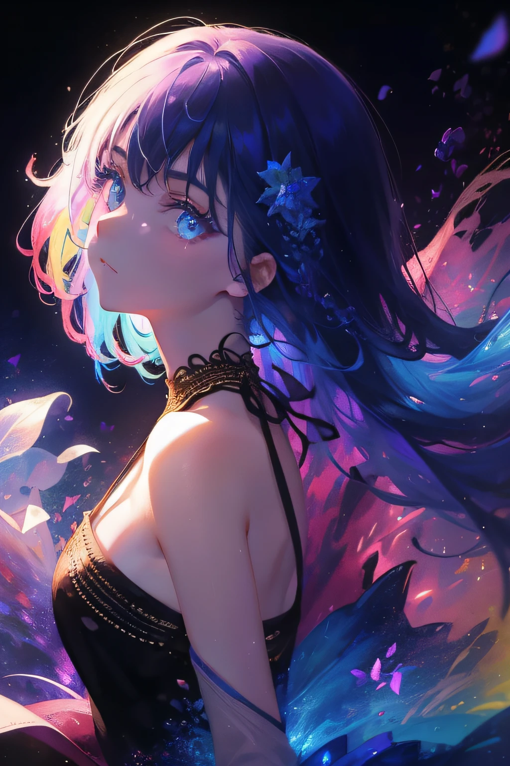 (High quality, 8K), Detailed face, Detailed eyes, Colorful, Experience the enchantment of watercolor fantasy with this artwork featuring colorful girls in simple dresses, Iridescent hair and seductive eyes. Watercolor style adds a touch of magic, Vibrant shades blend in with a mesmerizing glow、glinting.
The girl's hair boasts colorful shades, Reminiscent of a rainbow dance, Her eyes exude a captivating beauty that draws you into the realm of wonder.
Watercolor strokes are、Creates an ethereal atmosphere, As if the colors are alive,
Let the sparkle of this watercolor fantasy envelop you, When you wonder when it glows with every brush stroke. Many flowers,