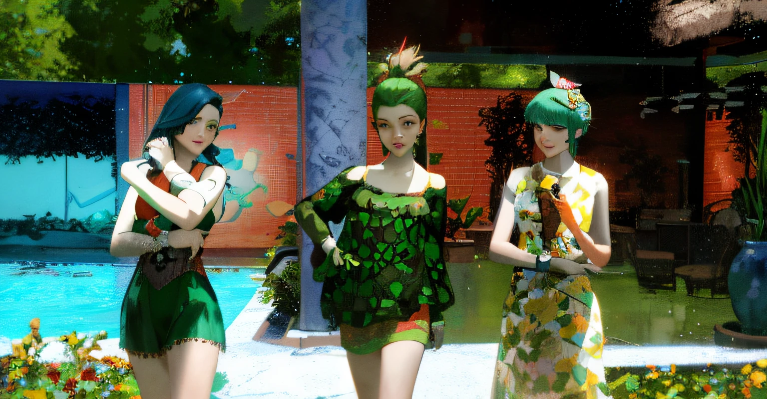 Three women in green and brown dresses stand next to the pool, in a cyberpunk garden, inspired by Konstantin Somov, second life avatar, digital collage, Green clothes, Inspired by Barbara Balmer(Barbara Balmer), photorender, Barbara Balmer, triad of muses, sirens, ecopunk rococo, videogame still, the non-binary deity of spring, Screenshot of fashion game