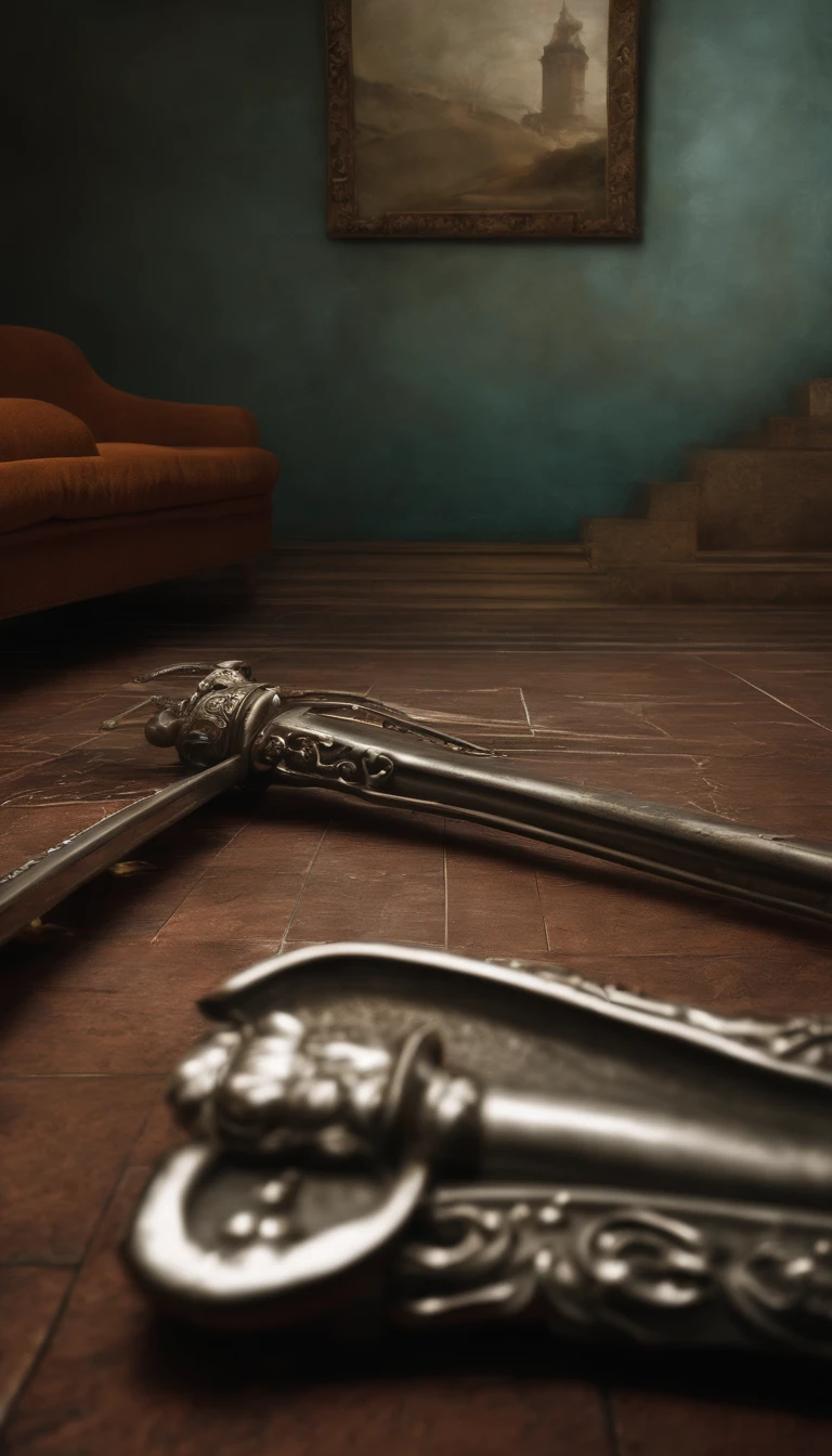 (Destacado、profissional、surreal)、espada detalhada, Espada longa, Duan Ping, metal texture, lying on floor