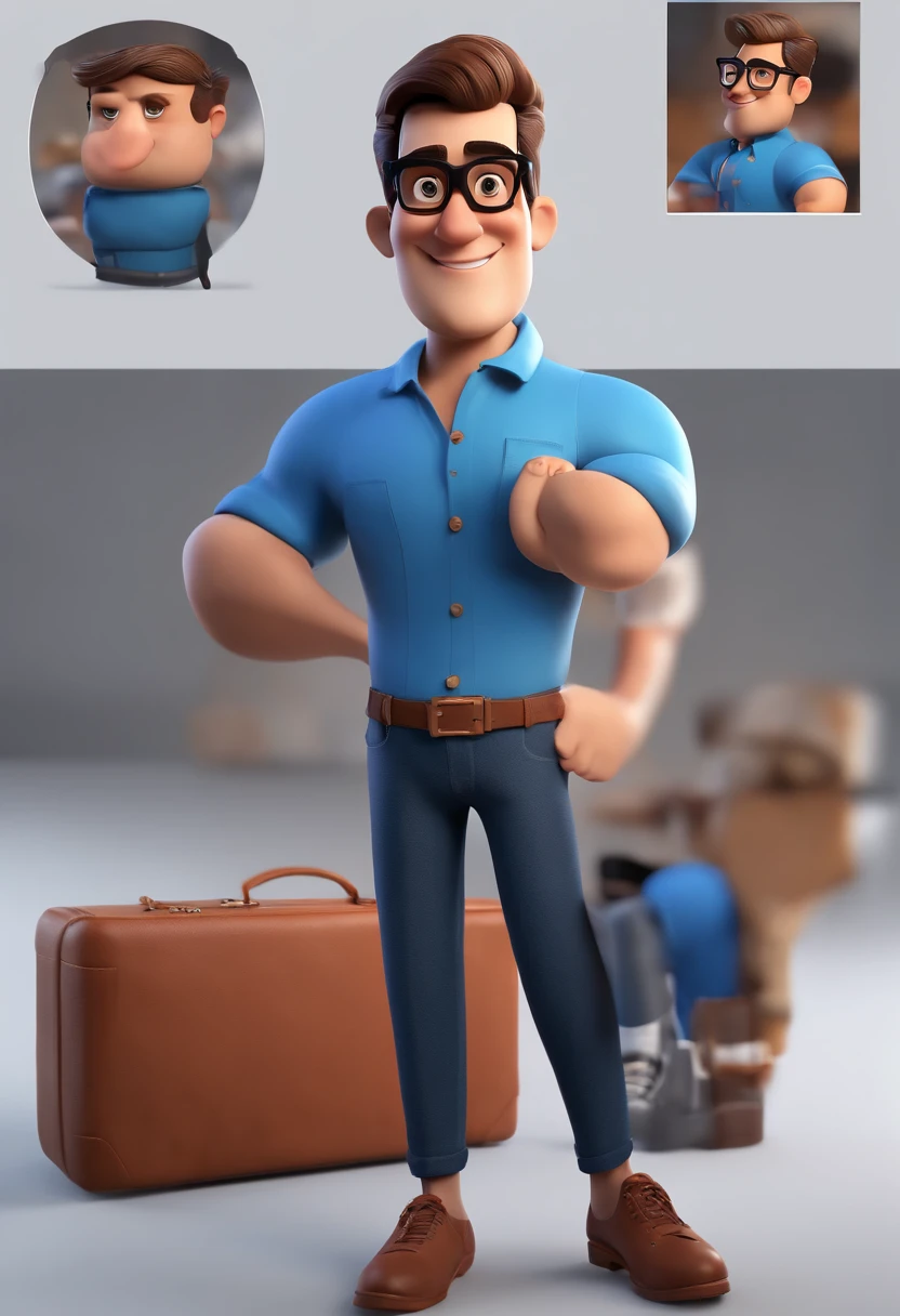 Cartoon character of a man with black glasses and a blue shirt, animation character, Caractere estilizado, animation style rendering, 3D estilizado, Arnold Maya render, 3 d render stylized, toon render keyshot, Personagem 3D, Personagem 3D, 3d rendering stylized, 3 d character render, personagem de desenho animado, Personagem de close up, Pose de personagem, (Estilo Pixar) (master part:1.2) (Bokeh) (best quality) (pele detalhada) (textura detalhada) (8k) (argila) (Cinematic lighting) (foco nítido