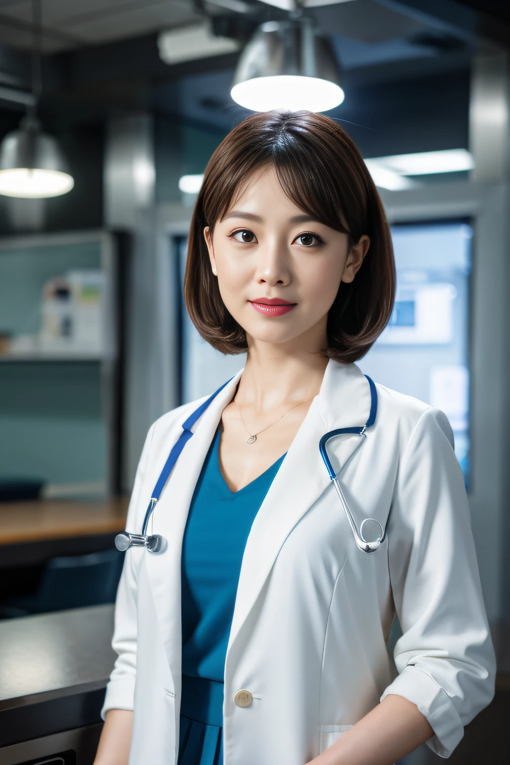 Female doctor,Wear a doctor's uniform,realisticlying,Dynamic Lights,brush-cut,Thin stature,cleavage,full shoot,(extremely detailed CG unified 8k wallpaper),high detal,tack sharp focus,Drama,eye bags,Eye lashes,Photoreality