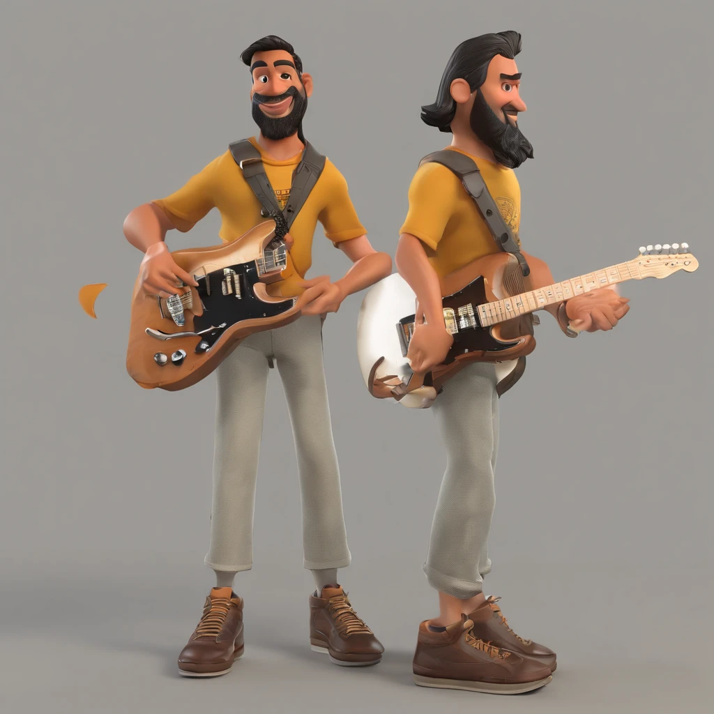 Criar um personagem no estilo Pixar. Trata-se de um homem de 35 anos, um pouquinho acima do peso,com barba, Bronzeado, com cabelos castanhos curtos e arrepiado, e olhos castanhos. Ele deve estar tocando uma guitarra fender Stratocaster tabacco burst em um show,com camiseta preta,with a black pant and a pair of white Nike Work sneakers