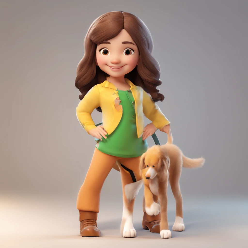 Jenifer is a smiling 5-year-old human girl, com seu fiel amigo, pointer, o cachorro pointer, deitados no jardim, cabelo volume encaracolado, cabelo enrolado , cacheado , castanho claro , olhos verdes