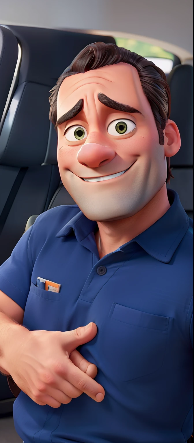 Jon Hamm, Cartoons in orange shirt and black pants, arms crossed, olhando para frente e sorrindo com os dentes aparecendo;