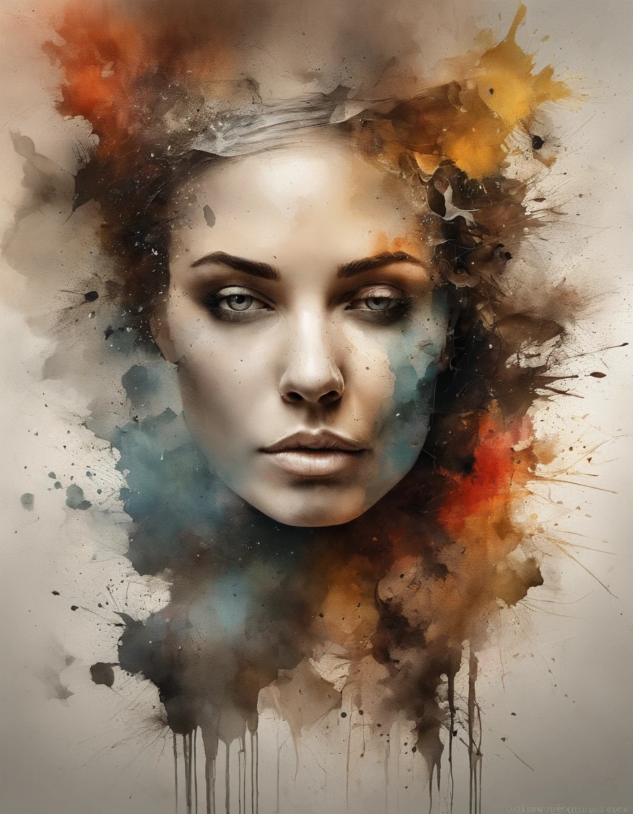 Modern abstract watercolor painting of beautiful woman's face with a scattered head and broken cracks on her face, cabelos longos pretos ondulando ao vento, Best composition, Better color separation with rough brushstrokes Painting style,Expression of loneliness, treagety, silence and depression,Ogiva explosiva, machine parts embedded into face, volatile, inspirado em Igor Morski, dramatic artwork, photomanipulation, photo manipulation, Disintegration, headbang until your brain bleeds, explosion of data fragments, zumbido, arte oficial, incrivelmente alto detalhou, arte do photoshop, Noise effect