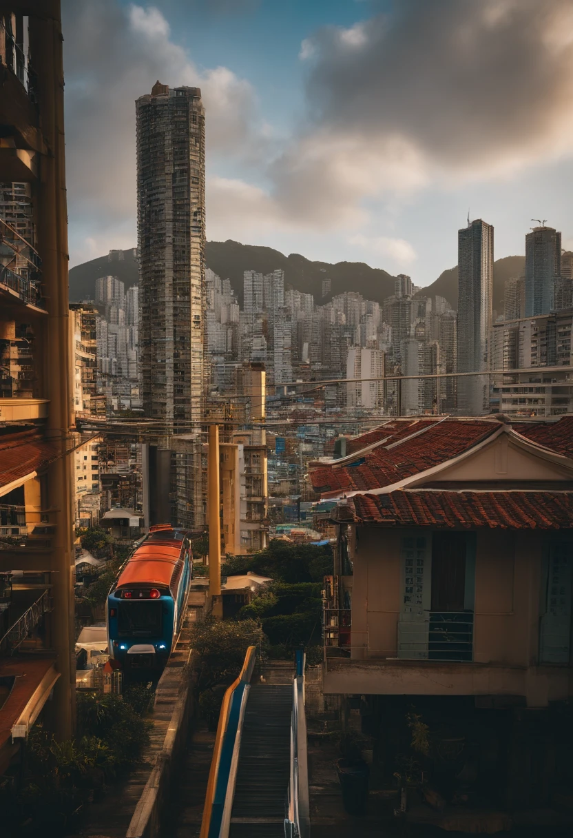 Cidade de Kowloon、beco dos fundos、solo molhado、Pipes、duto、electrical wires、Tabuleta、Ao ar livre, dia, fundo simples, Blue open sky, cabelo curto, uma menina、uma menina da beleza、heaven, olhando para os espectadores, escada, Moody Lighting,