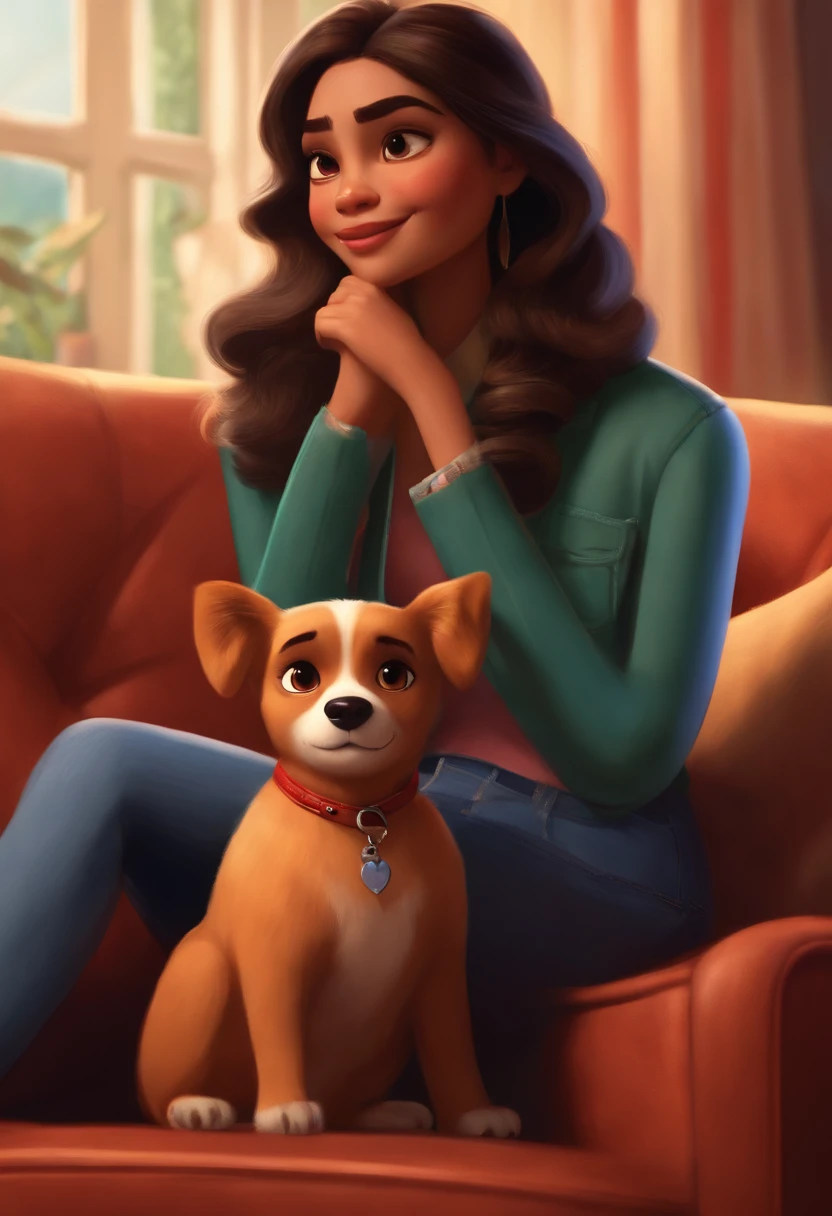 Menina morena estilo desenho animado, Pixar, Holding a medium-sized caramel dog, roupa da marca Levis, sitting on a couch