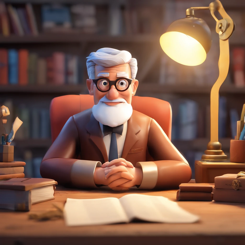 Crie um cartaz inspirado na Disney Pixar com o personagem sendo o pastor Rubens Janier, A gray-haired man wearing glasses, in an office with a Bible on the table