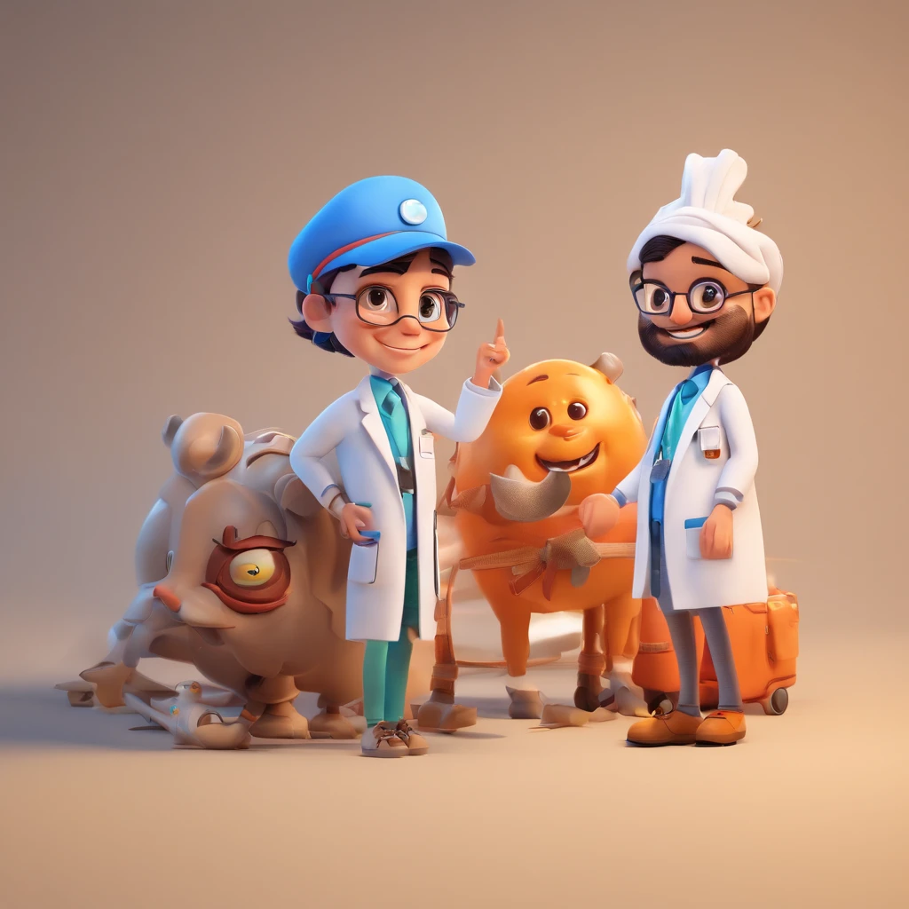 Make a Pixar Style Realistic Poster of 3D Animation. O personagem sem barba, olhos azuis, cabelos loiros penteados para o lado esquerdo, magro, wearing a white doctor's coat, watch on left wrist, Has an Arabian face, 8k, coloque um hospital de fundo, Put on a stethoscope