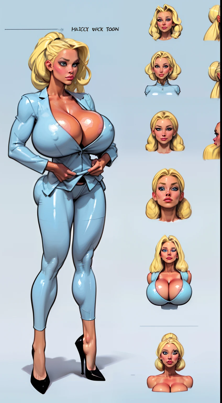 ((masterpiece)),(((best quality))), ((character design sheet:1.4)), ((full body view)) illustration,1girl, muscular, ((light blue business suit:1.4)), bubbles, ((heaven bump hairstyle:1.4)), ((light blonde hair:1.4)), blue suit ((detailed face:1.4)) ((gigantic breasts:1.6)), (latex pants), ((cleavage)), beautiful woman, shiny skin, (thick legs), scribbles and marks, rough sketches, pose, 8k,16k, (simple background, white background: 1.3)