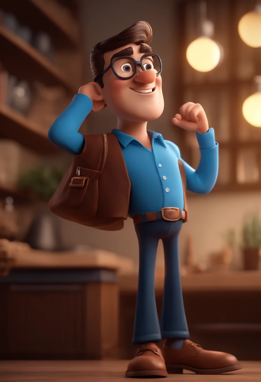 Cartoon character of a man with black glasses and a blue shirt, animation character, Caractere estilizado, animation style rendering, 3D estilizado, Arnold Maya render, 3 d render stylized, toon render keyshot, Personagem 3D, Personagem 3D, 3d rendering stylized, 3 d character render, personagem de desenho animado, Personagem de close up, Pose de personagem, (Estilo Pixar) (master part:1.2) (Bokeh) (best quality) (pele detalhada) (textura detalhada) (8k) (argila) (Cinematic lighting) (foco nítido