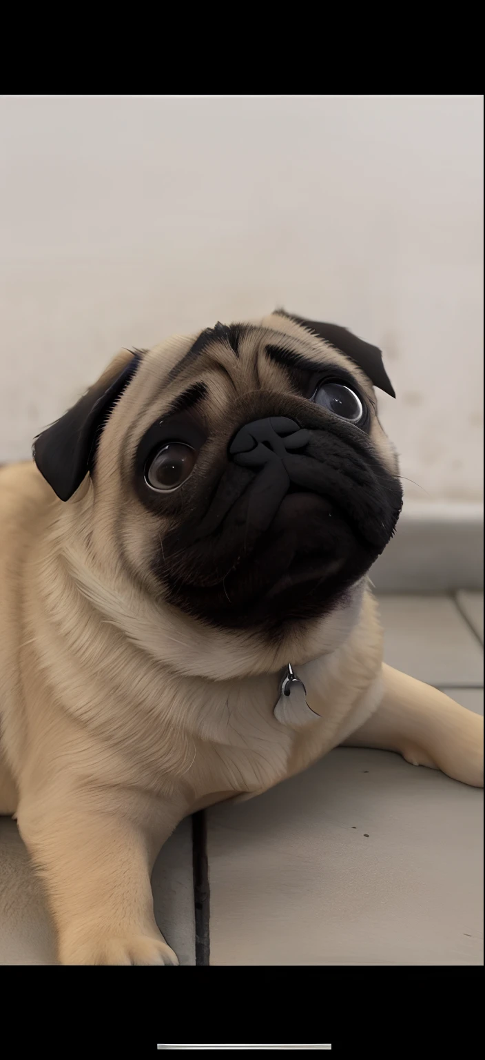 There's a Pug dog that's lying on the ground, cara de Pug, Pug, staring at the camera, Tomado com Sony Alpha 9, looking-into-camera, Pug do bem, looks into the camera, segurando um Pug para uma foto, looking-into-camera, personagem da disney