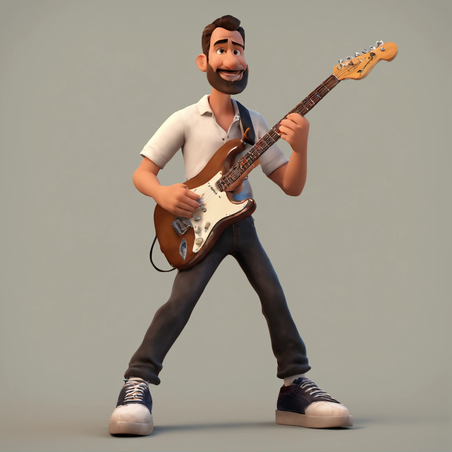 Criar um personagem no estilo Pixar. Trata-se de um homem de 35 anos, um pouquinho acima do peso,com barba, Bronzeado, com cabelos castanhos curtos e arrepiado, e olhos castanhos. Ele deve estar tocando uma guitarra fender Stratocaster tabacco burst em um show,com camiseta preta,with a black pant and a pair of white Nike Work sneakers