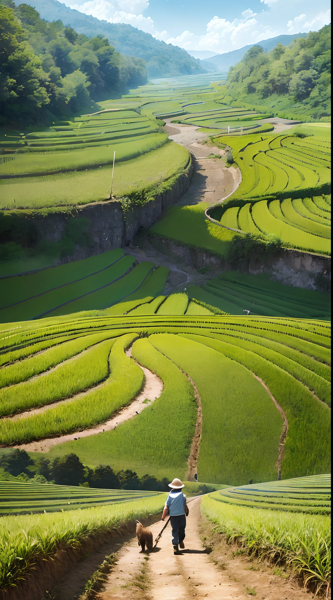 An old farmer carrying a flat burden, walking on the winding path of the countryside, big clouds, blue sky, rice fields, neat rice seedlings in the field, forest, hillside, secluded, countryside, HD detail, hyper-detail, cinematic, surrealism, soft light, deep field focus bokeh, ray tracing and surrealism. --v6