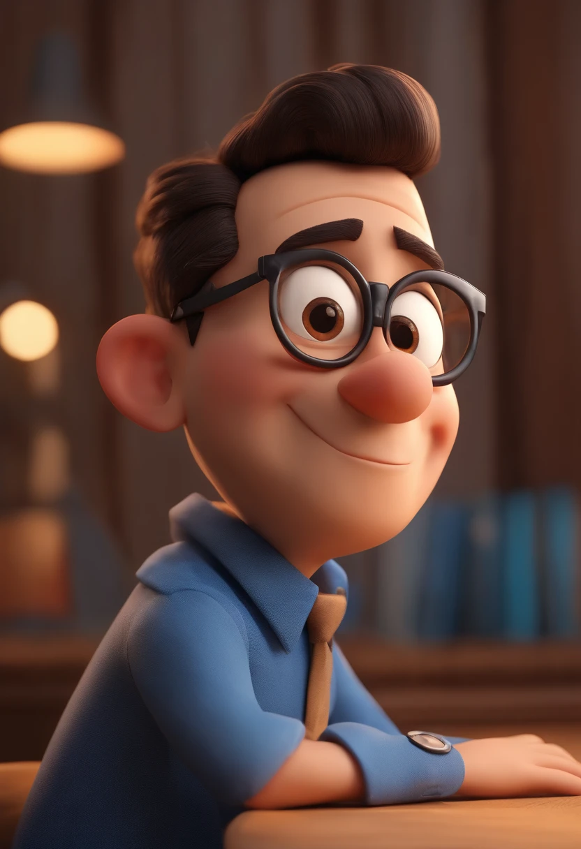Cartoon character of a man wearing black glasses and a blue shirt, um personagem animado, Caractere estilizado, animation style rendering, 3D estilizado, Arnold Maya render, 3 d render stylized, toon render keyshot, Personagem 3D, Personagem 3D, 3d rendering stylized, 3 d character render, personagem de desenho animado, Personagem de close up, Pose de personagem, (Estilo Pixar) (master part:1.2) (Bokeh) (best quality) (pele detalhada) (textura detalhada) (8k) (argila) (Cinematic lighting) (foco nítido,Senta e vaza a parte superior do corpo