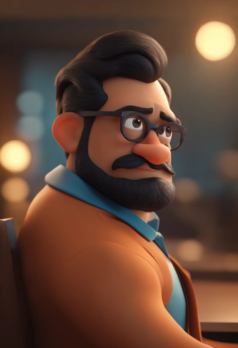 Cartoon character of a man wearing black glasses and a blue shirt, um personagem animado, Caractere estilizado, animation style rendering, 3D estilizado, Arnold Maya render, 3 d render stylized, toon render keyshot, Personagem 3D, Personagem 3D, 3d rendering stylized, 3 d character render, personagem de desenho animado, Personagem de close up, Pose de personagem, (Estilo Pixar) (master part:1.2) (Bokeh) (best quality) (pele detalhada) (textura detalhada) (8k) (argila) (Cinematic lighting) (foco nítido,Senta e vaza a parte superior do corpo