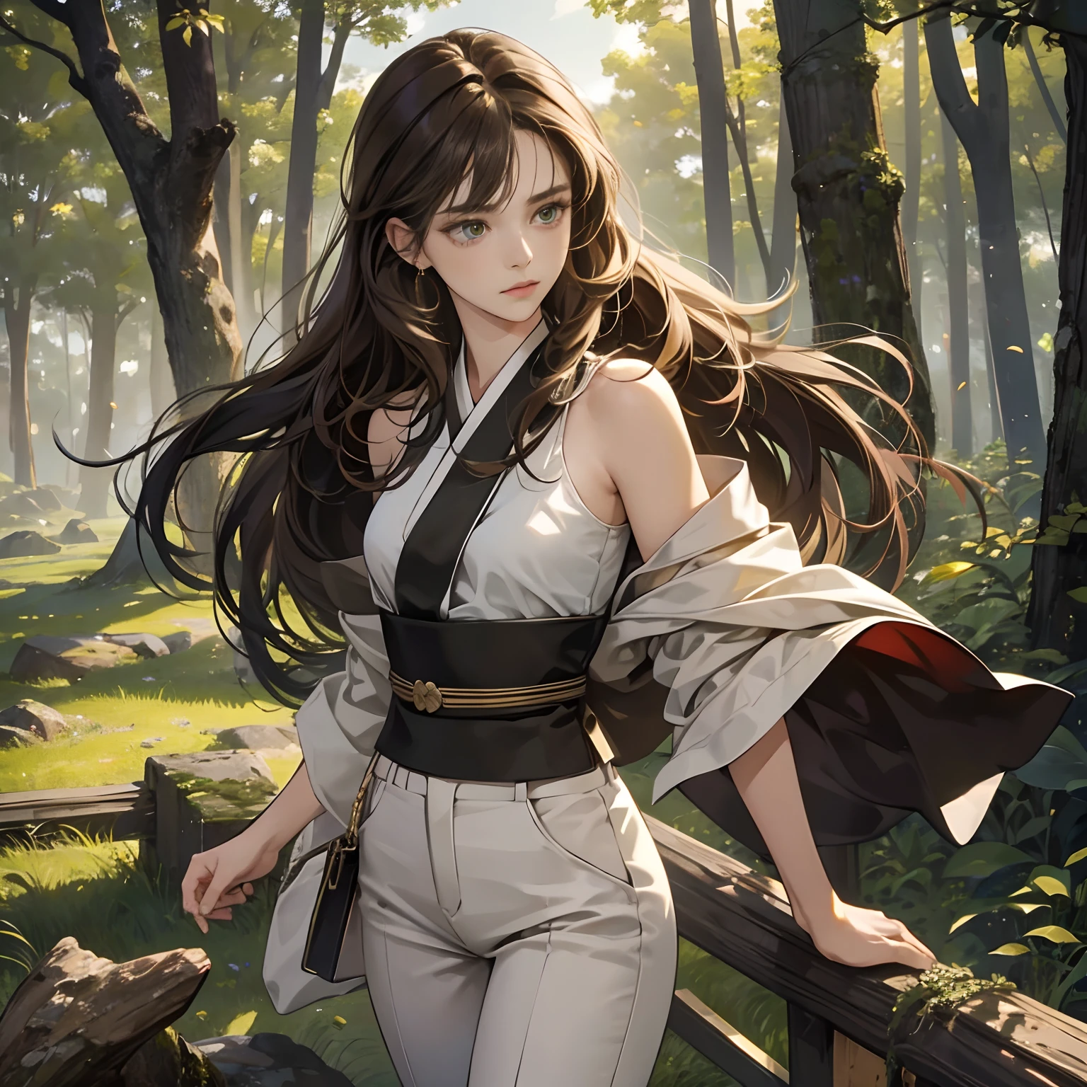 8K, Best quality, Masterpiece, Highly detailed, Half realistic, A girl, A girl, 20 years old, looking over hands, long and dark brown hair,By bangs, Curly hair, Green eyes, Black Japanese cut clothes, White pants, Bare shoulders, golden detailing, Thin figure, Cold expression, Battle scenes, Outdoors, Forest background, There are a lot of trees and dark sky