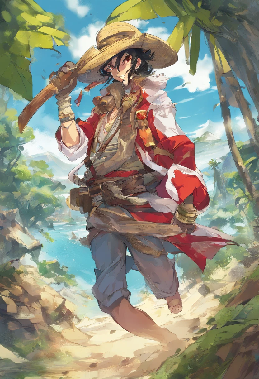 best quality,4k,high-res,masterpiece:1.2,ultra-detailed,realistic,portrait,action,adventure,colorful,anime,wide-angle,eye-catching,expressive,stylized,shading,dynamic,provocative,ink and color,manga,explosive,action-packed,impactful,heroic,swordfight,Luffy,exotic land,Tripas,breathtaking backdrop,seascape,tropical paradise,sunny,shimmering water,swaying palm trees,deep blue sky,cloudless,treasure hunt,excitement,energy,fierce,one piece,pirate crew,fearless leader,stretchable limbs,epic battles,superpowers,courageous,playful,determined,bold,expressive eyes,wide grin,red straw hat,bandana,flamboyant outfit,gold earrings,scarf,floating landmasses,fantasy elements,mysterious ruins,hidden treasures,swinging from vines,leaping through the air,rope-swinging,exploring,adventurous spirit,comrades,sand beaches,pristine waterfalls,towering mountains,exotic wildlife,dazzling colors,memorable journey,unforgettable experience
