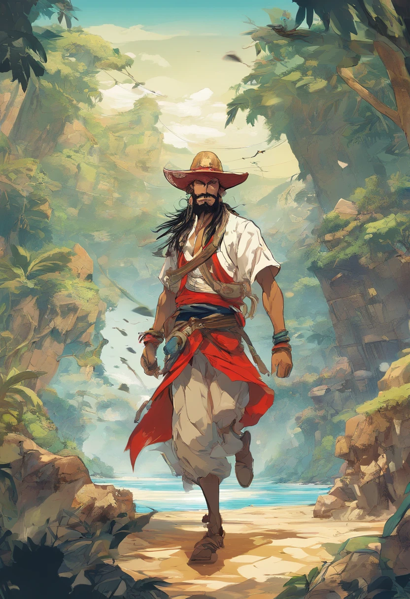 best quality,4k,high-res,masterpiece:1.2,ultra-detailed,realistic,portrait,action,adventure,colorful,anime,wide-angle,eye-catching,expressive,stylized,shading,dynamic,provocative,ink and color,manga,explosive,action-packed,impactful,heroic,swordfight,Luffy,exotic land,Tripas,breathtaking backdrop,seascape,tropical paradise,sunny,shimmering water,swaying palm trees,deep blue sky,cloudless,treasure hunt,excitement,energy,fierce,one piece,pirate crew,fearless leader,stretchable limbs,epic battles,superpowers,courageous,playful,determined,bold,expressive eyes,wide grin,red straw hat,bandana,flamboyant outfit,gold earrings,scarf,floating landmasses,fantasy elements,mysterious ruins,hidden treasures,swinging from vines,leaping through the air,rope-swinging,exploring,adventurous spirit,comrades,sand beaches,pristine waterfalls,towering mountains,exotic wildlife,dazzling colors,memorable journey,unforgettable experience