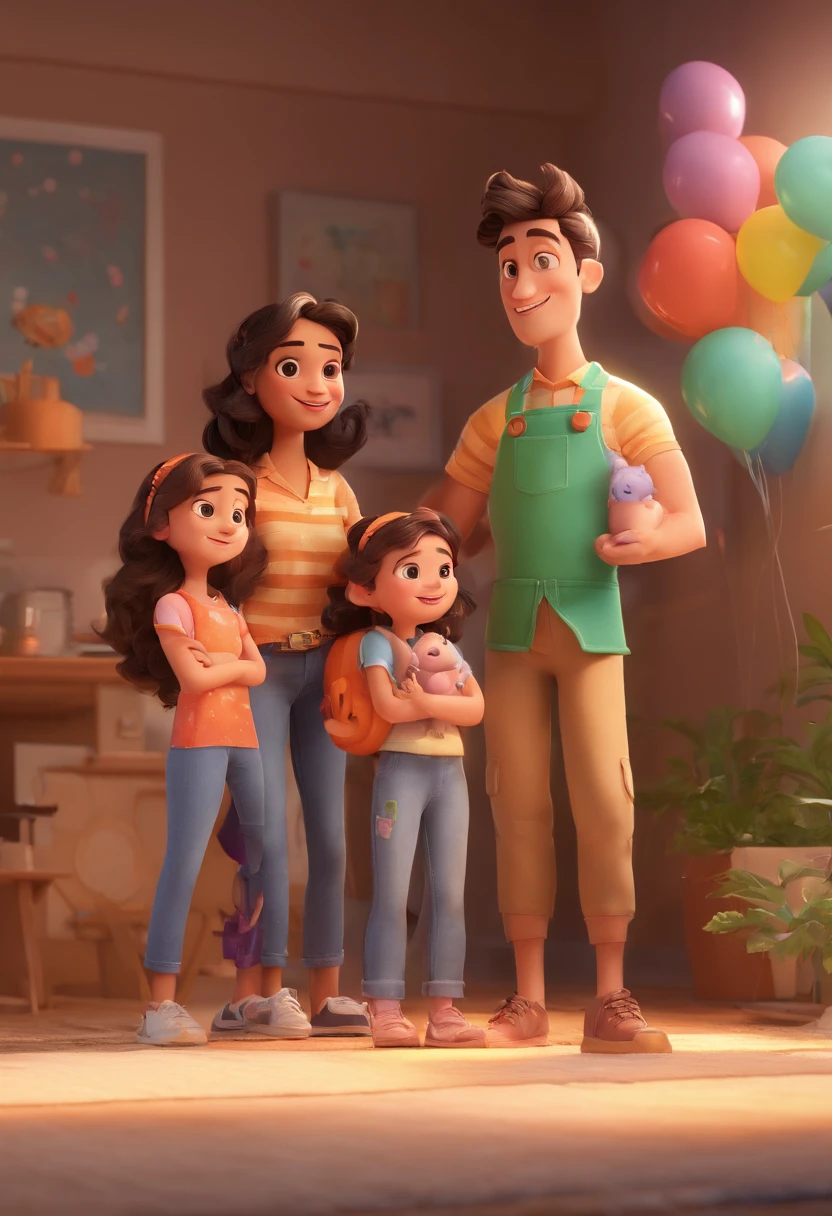 Estilo Pixar: Familia, Um pai, A mother and two girls. Uma de 6 anos e outro de 2 anos . Uma fazenda com vacas lindas e marrom .