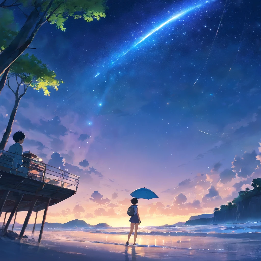 tmasterpiece,melhor qualidade,cinematic Film still from,1 panda surfando no mar,brilhante e feliz,Soft lighting and warmth,Noite,Panda na floresta olhando para as estrelas,Vire as costas para as estrelas,Starry sky,Spark of Light