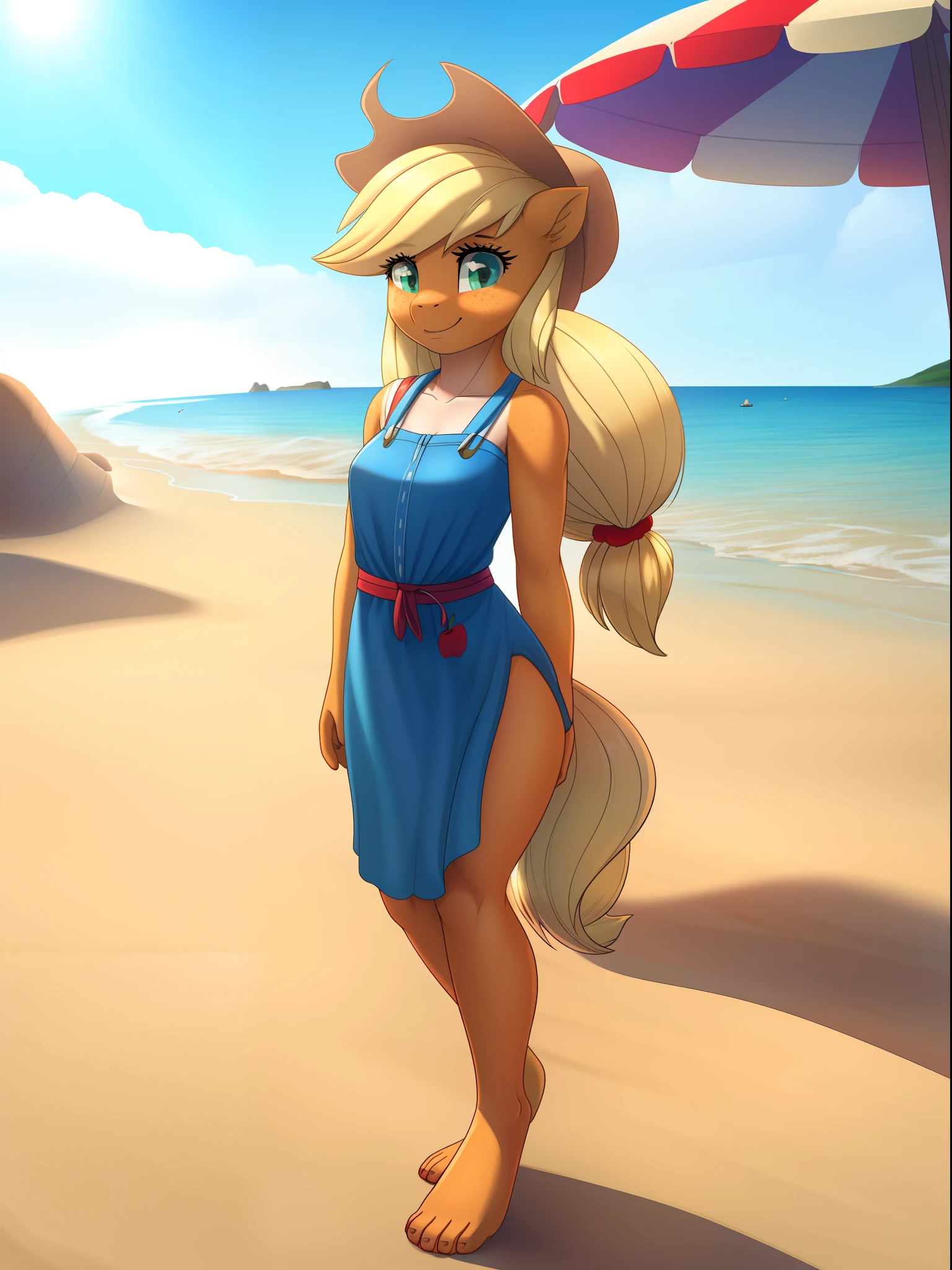 a girl with a hat and freckles, (Applejack:1.1) standing with confidence on a beautiful sandy beach, (beach:1.2) surrounded by clear blue waters. She has a mane of (blonde) hair cascading down her back, and her eyes sparkle with (warmth) and (happiness). The sunlight shines on her (tanned) skin, giving it a healthy glow.

Applejack's (fit) and (toned) body is accentuated by her (muscular) arms and legs. She stands tall, (confidently) displaying her (athletic) physique. She exudes a sense of (strength) and (independence).

Nearby, colorful beach umbrellas provide shade against the (scorching) sun. The sound of (waves crashing) against the shore creates a soothing atmosphere. A gentle breeze carries the scent of (sea salt), and seagulls can be heard in the distance.

Applejack enjoys the beach in her own unique way. She (joyfully) splashes in the water, playfully chasing (waves), and building (sand castles) with intricate designs. She radiates (pure joy) as she experiences the freedom and serenity of the beach.

The (realistic,photorealistic,photo-realistic:1.37) scene captures every detail, from the grains of sand between her toes to the (glistening) droplets on her sun-kissed skin. The colors are (vibrant) and (saturated), with (blue hues) dominating the landscape, reflecting the clear sky and tranquil ocean.

The (golden) sunlight casts long (shadows) along the shore, creating a sense of depth and dimension. The (warm) light softly illuminates Applejack, enhancing her natural beauty.

Every aspect of this scene is (ultra-detailed), from the individual grains of sand to the intricate patterns of seashells scattered on the shore. The (sharp focus) of the image allows for a clear view of Applejack's (delicate) features and the surrounding landscape.

The overall (artistic) style of the image is a blend of (portrait) and (landscape), highlighting both the beauty of the character and the serene nature of the beach. The combination of a (realistic) portrayal of Applejack