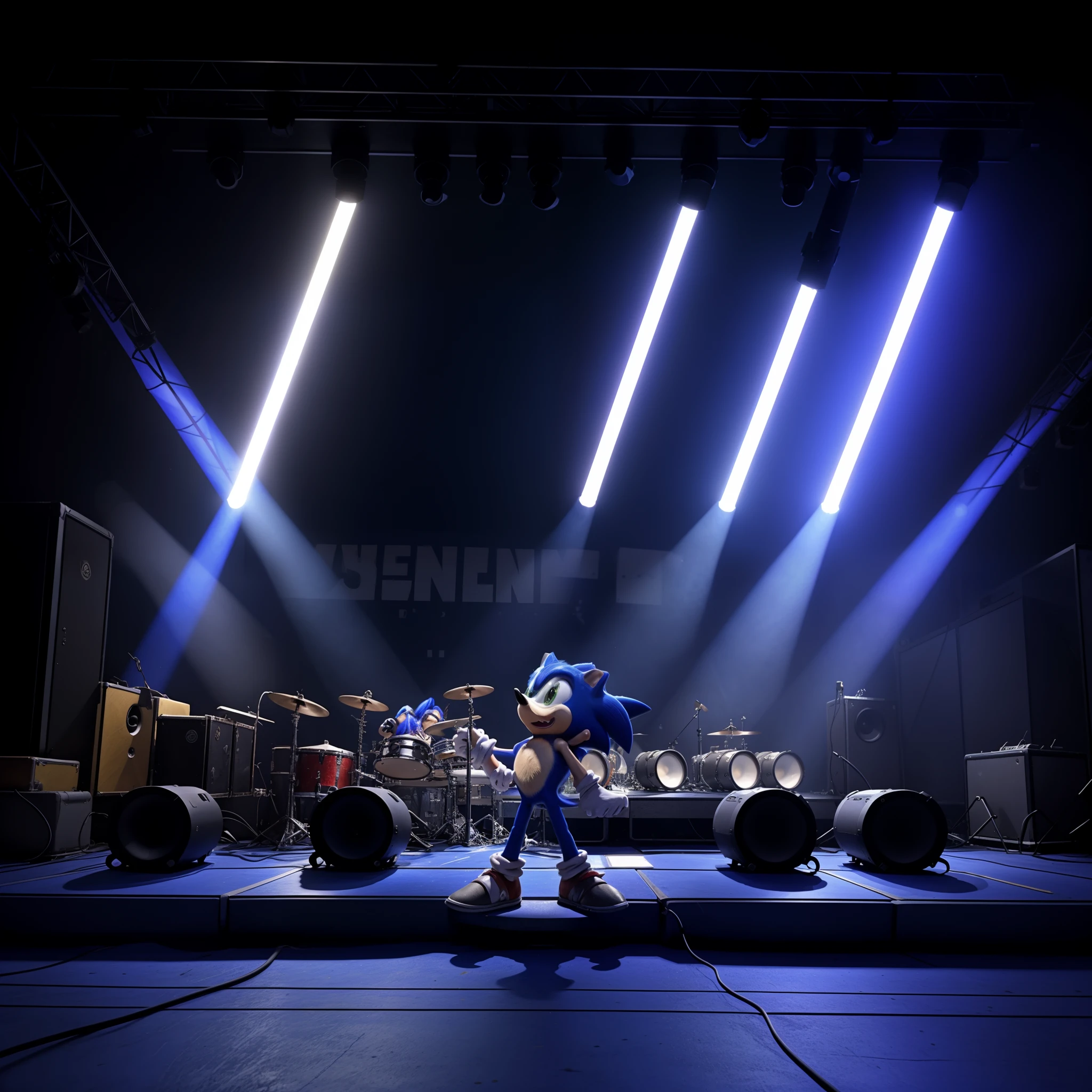 BaseSonic (Sonic The Hedgehog) singing in a rock band stage, front view, low angle view, looking at viewer, giant speakers, stage, lights, detailed background,