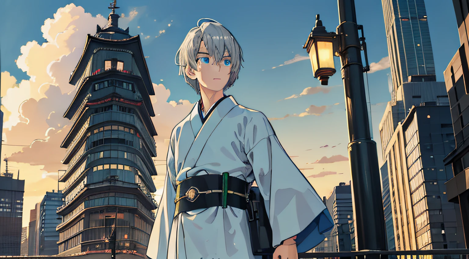 japan, highres, highest quallity, illustration, ultra detailed, (detailed face), (detailed eyes), soft lighting, best quality, hazy glow, dreamy atmosphere, hyper detailed, masterpiece, 1men, solo, silver hair, green eyes, traditional cloth, Japanese knight, short hair, silk belt, brave men, strong men, serious face, luminous eyes, athletic body, (colorful), cowboy shot, from below, outdoors, morning, clouds, tall buildings in background, industrial, public transportation, urban, concrete buildings, concrete, sidewalk, busy, trees, autumn, falling leaves,