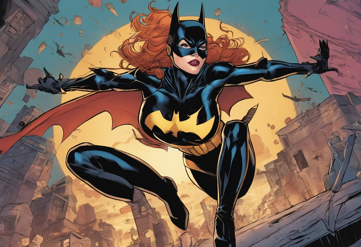 Batgirl in tight black suit from DC comics, she is on the ground hurt and injured, she has big tits, she is tied tightly to the ground, a group of male thugs stand over her, highest quality, super graphics