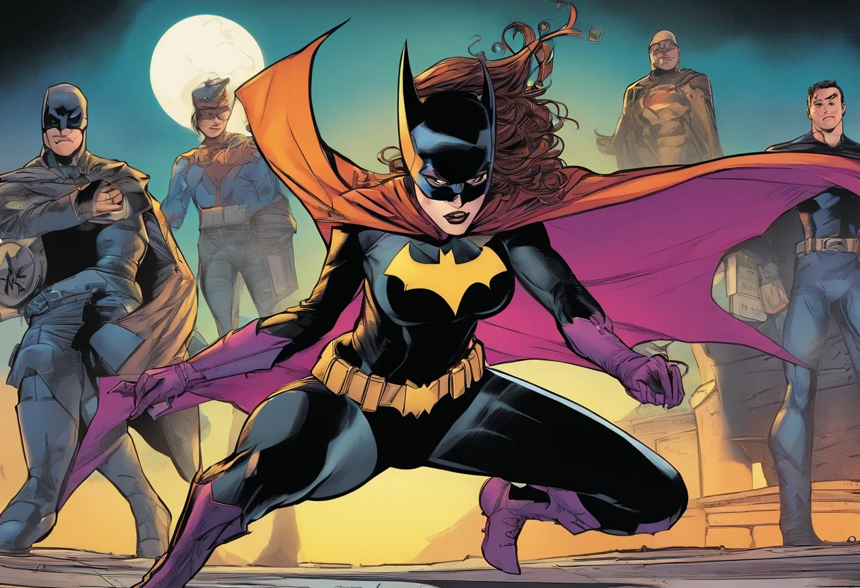 Batgirl in tight black suit from DC comics, she is on the ground hurt and injured, she has big tits, she is tied tightly to the ground, a group of male thugs stand over her, highest quality, super graphics